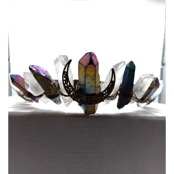 Iridescent Quartz Crystal Tiara Headband – Electroplated Stone Crown - Picture 3 of 5